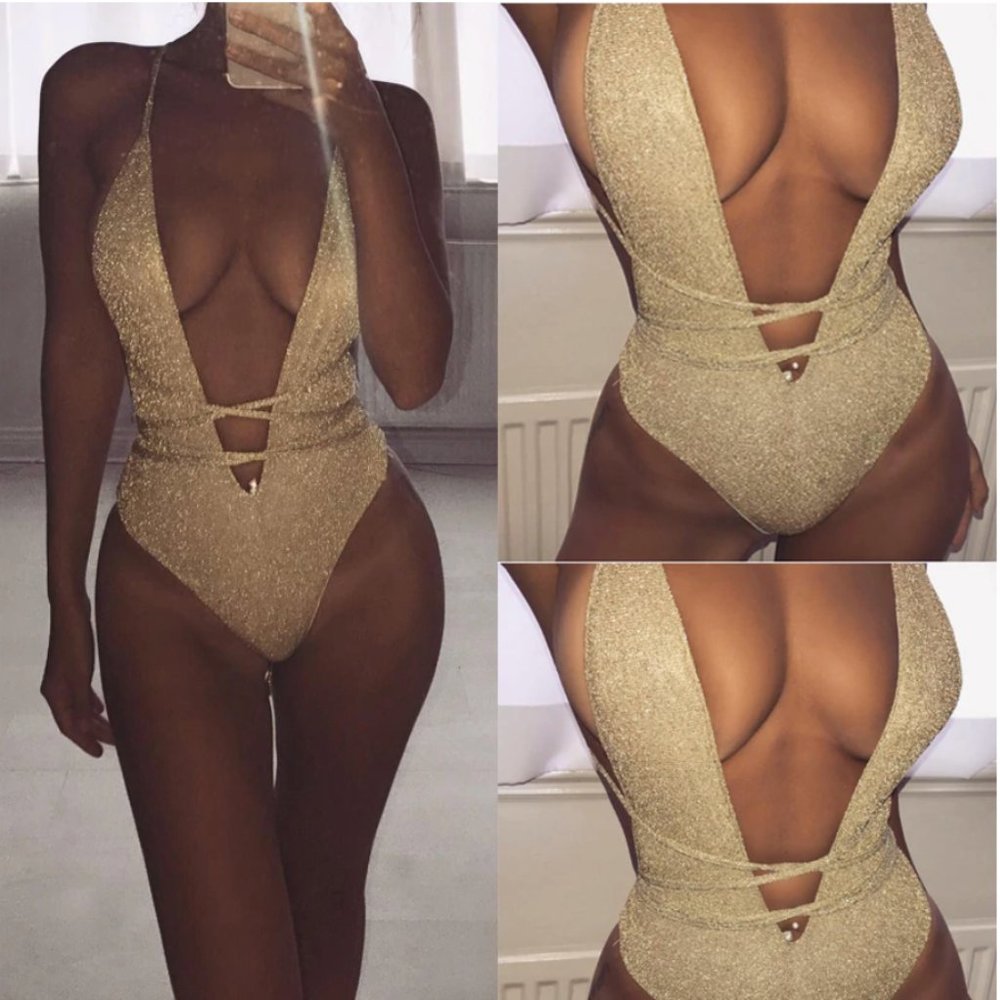 NWT Glittery Classy Deep V Gold Wrap Sexy Swimsuit